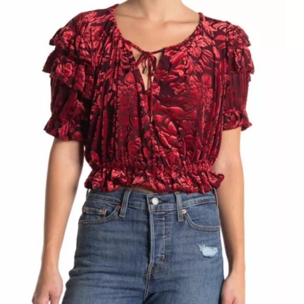 Free People Velvet Ruffle Top Size M - Picture 2 of 7